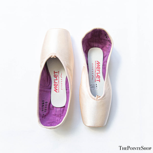 front and back merlet diva pink satin ballet pointe shoe with purple insoles