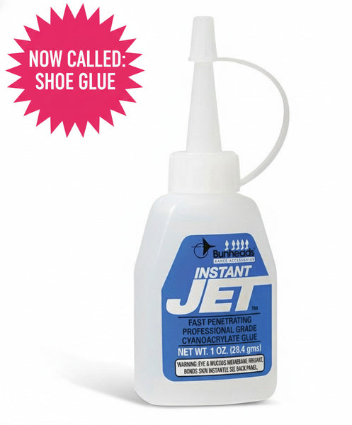 A bottle of Instant Jet adhesive by Bunheads, with a white label and blue accents, designed for crafting and industrial use.